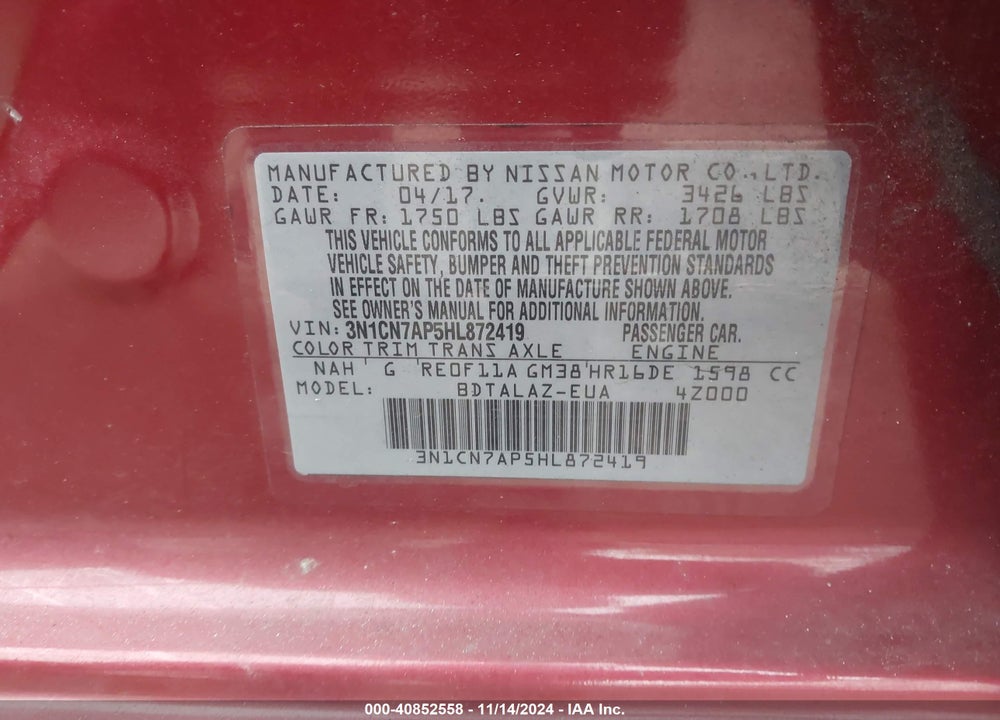2017 NISSAN VERSA 1.6 S+ VIN: 3N1CN7AP5HL872419