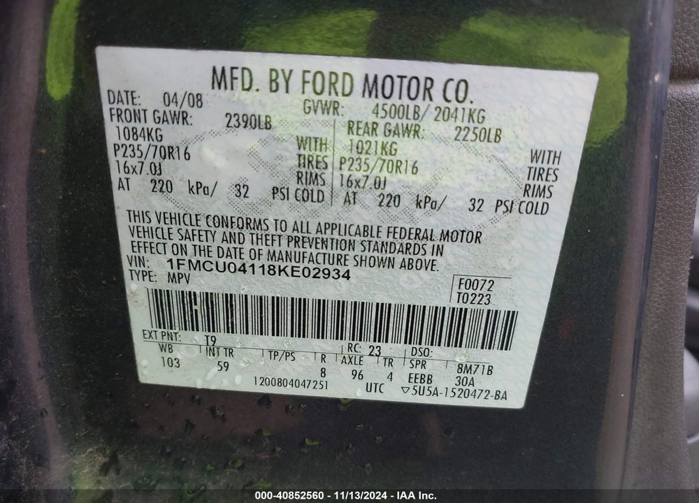 2008 FORD ESCAPE LIMITED VIN: 1FMCU04118KE02934