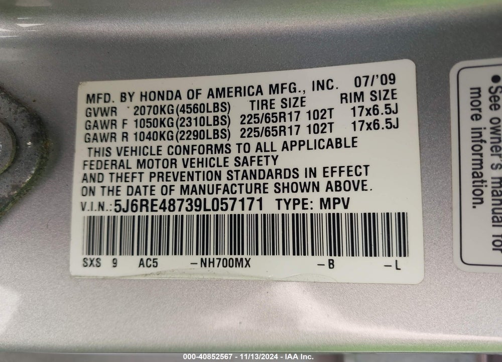 2009 HONDA CR-V EX-L VIN: 5J6RE48739L057171