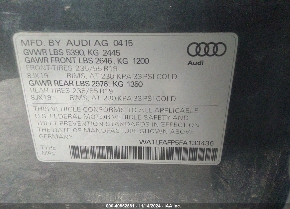 2015 AUDI Q5 2.0T PREMIUM VIN: WA1LFAFP5FA133436