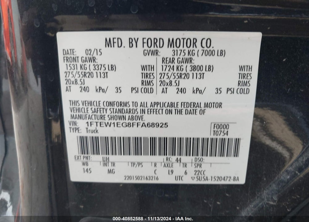 2015 FORD F-150 XLT VIN: 1FTEW1EG8FFA68925