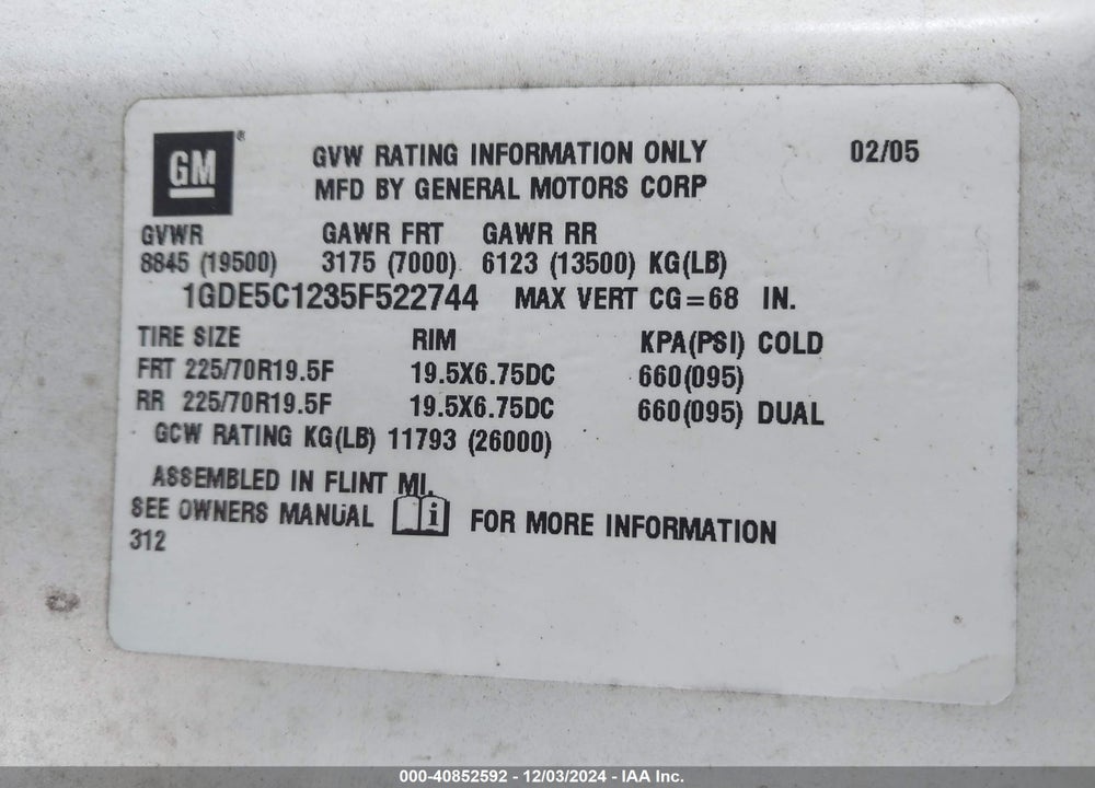2005 GMC C5500 VIN: 1GDE5C1235F522744