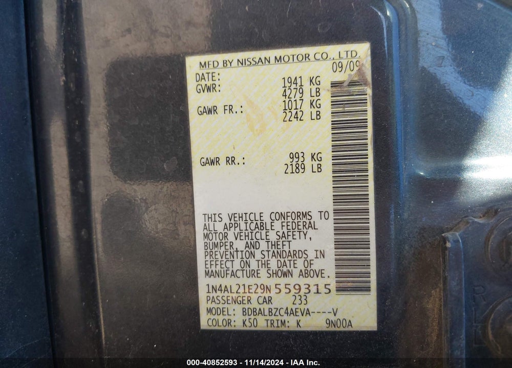 2009 NISSAN ALTIMA 2.5 S VIN: 1N4AL21E29N559315
