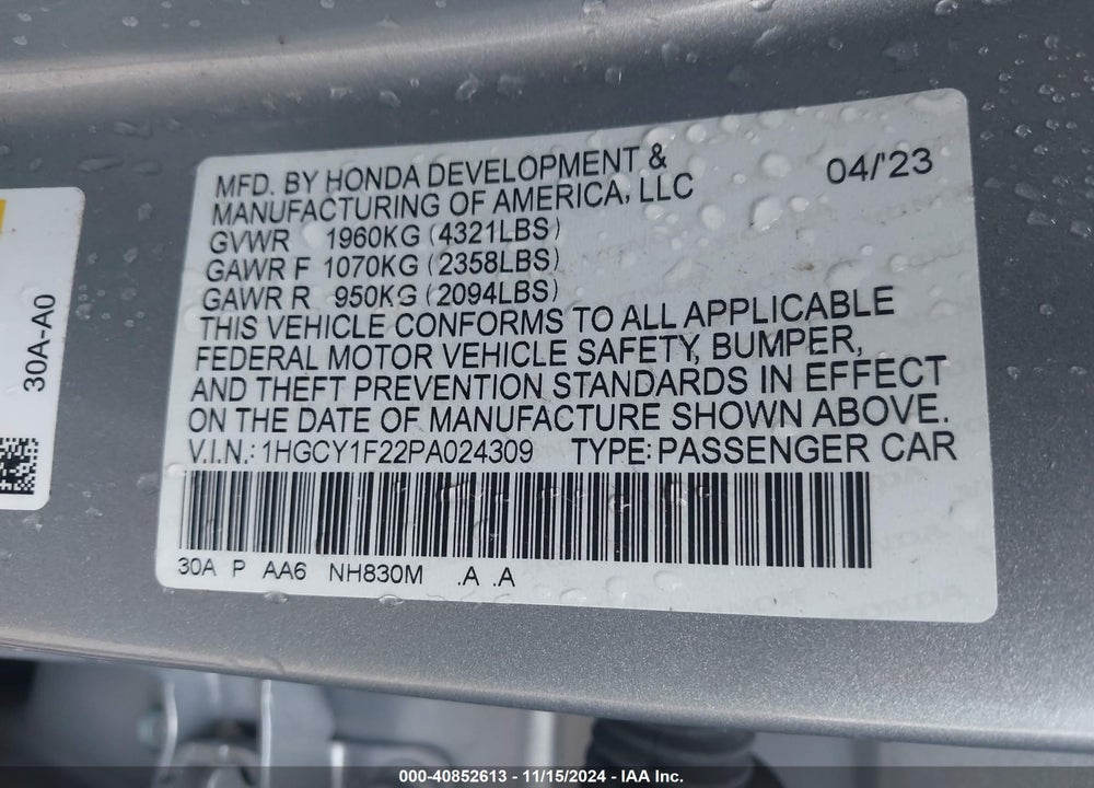 2023 HONDA ACCORD LX VIN: 1HGCY1F22PA024309