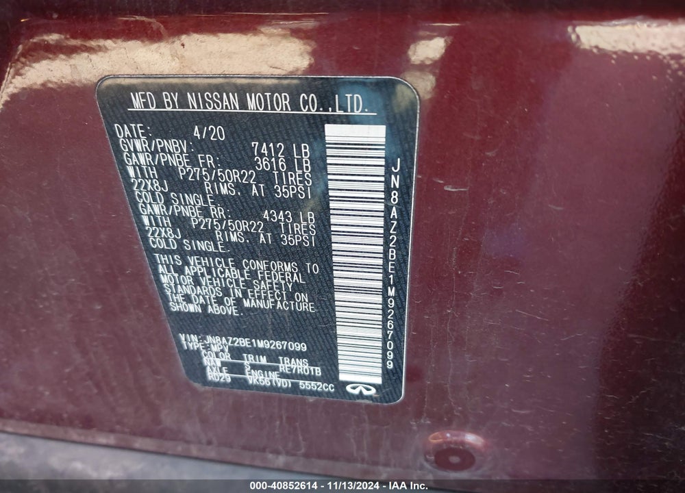 2021 INFINITI QX80 VIN: JN8AZ2BE1M9267099