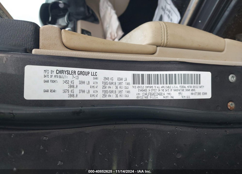 2014 JEEP GRAND CHEROKEE LIMITED VIN: 1C4RJFBG0EC246814