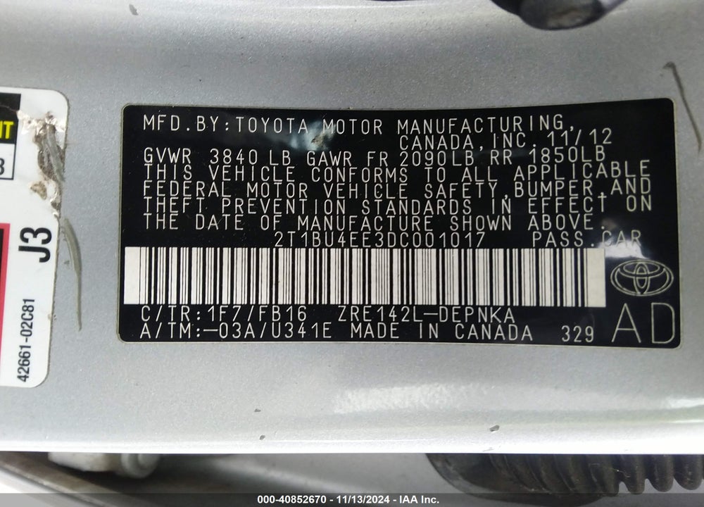2013 TOYOTA COROLLA LE VIN: 2T1BU4EE3DC001017
