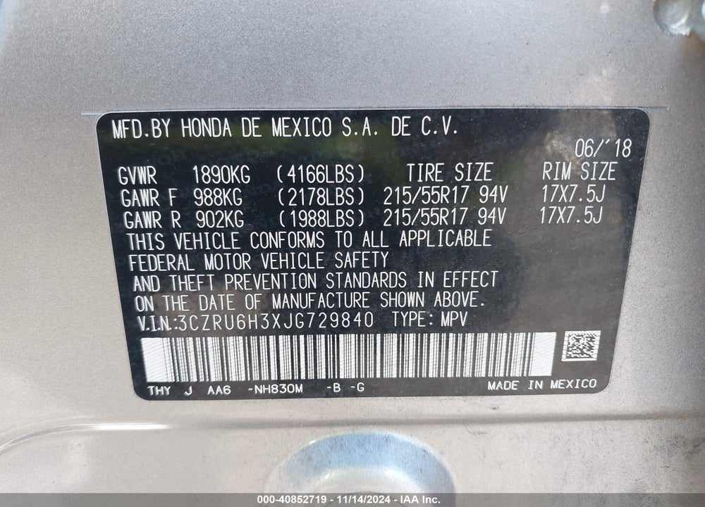 2018 HONDA HR-V LX VIN: 3CZRU6H3XJG729840