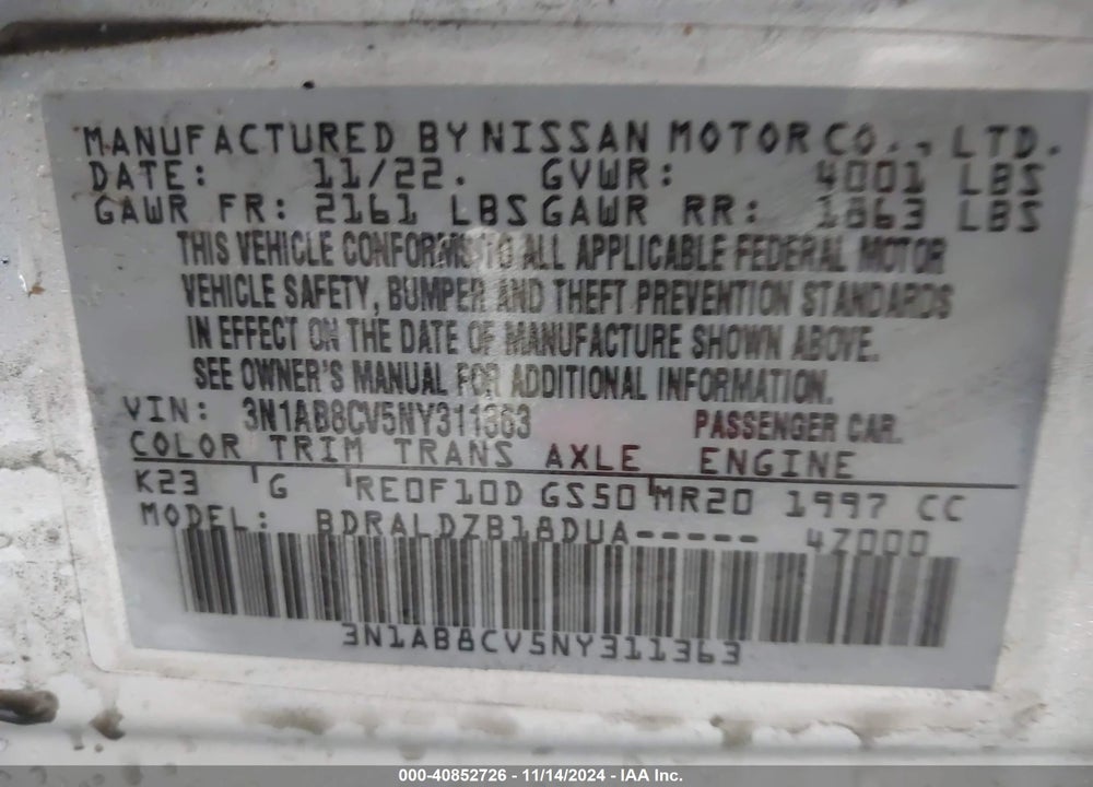 2022 NISSAN SENTRA SV XTRONIC CVT VIN: 3N1AB8CV5NY311363