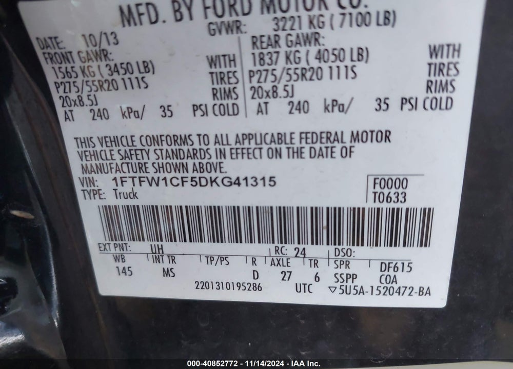 2013 FORD F-150 XLT VIN: 1FTFW1CF5DKG41315