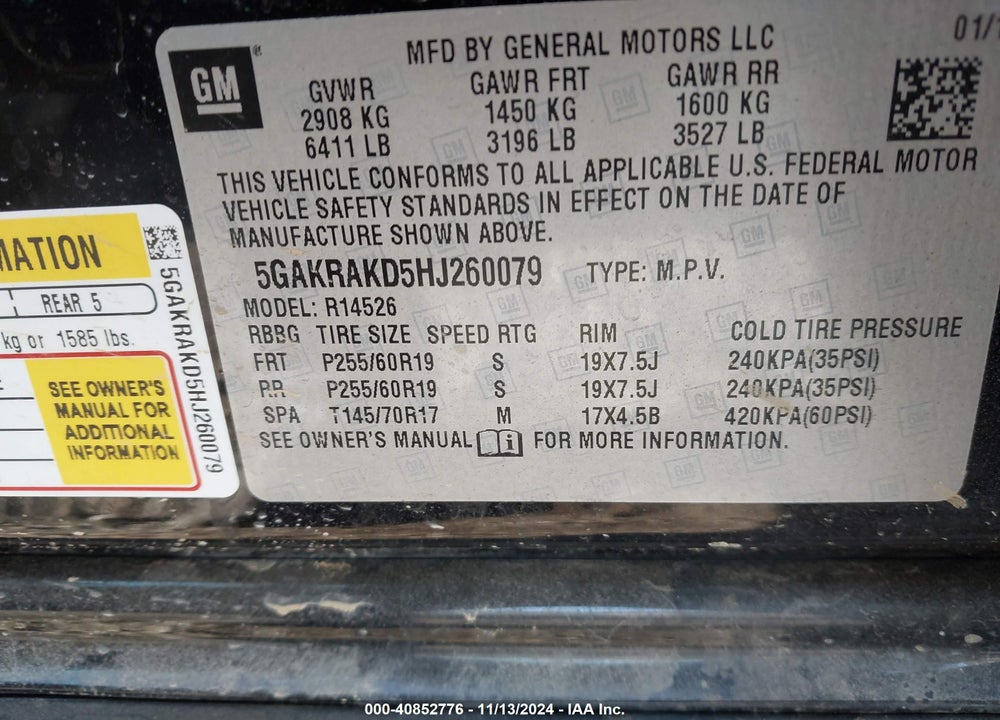 2017 BUICK ENCLAVE CONVENIENCE VIN: 5GAKRAKD5HJ260079
