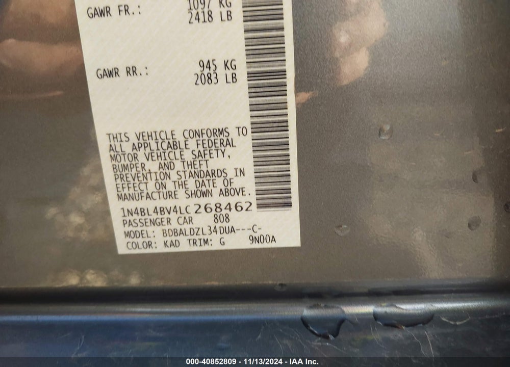 2020 NISSAN ALTIMA S FWD VIN: 1N4BL4BV4LC268462