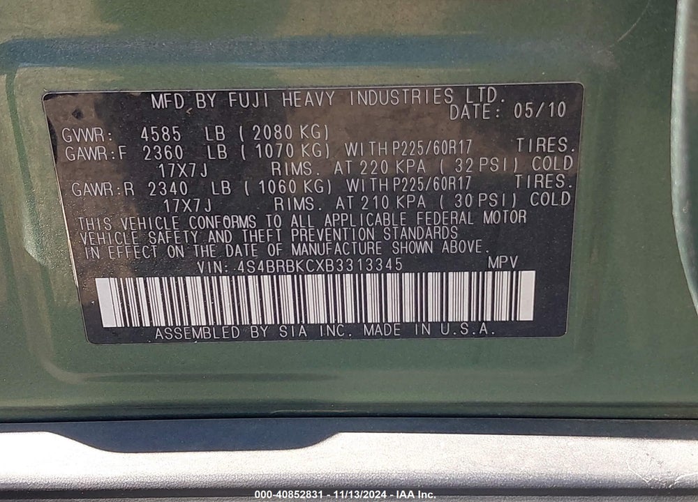 2011 SUBARU OUTBACK 2.5I LIMITED VIN: 4S4BRBKCXB3313345