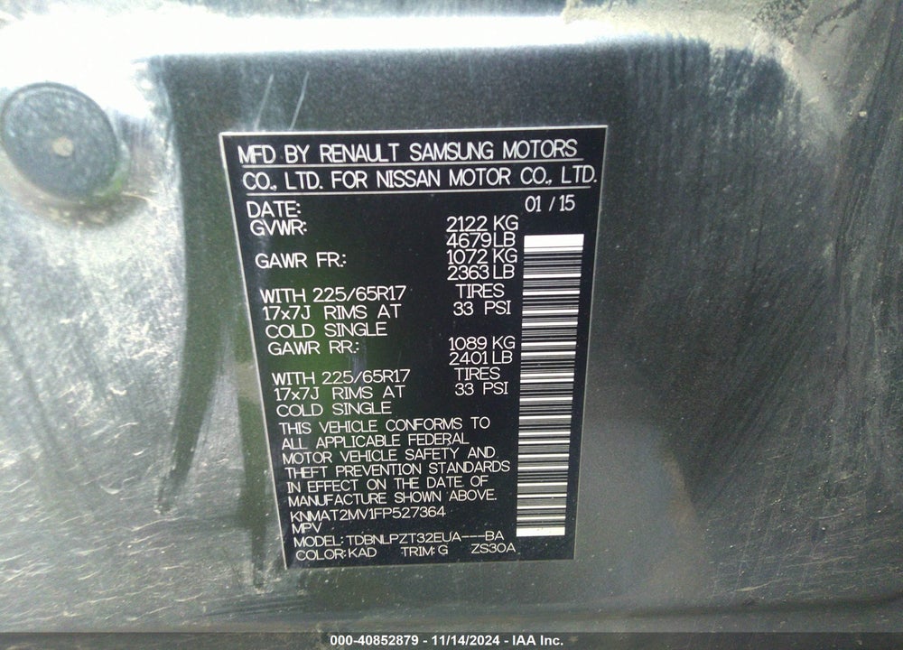 2015 NISSAN ROGUE S VIN: KNMAT2MV1FP527364