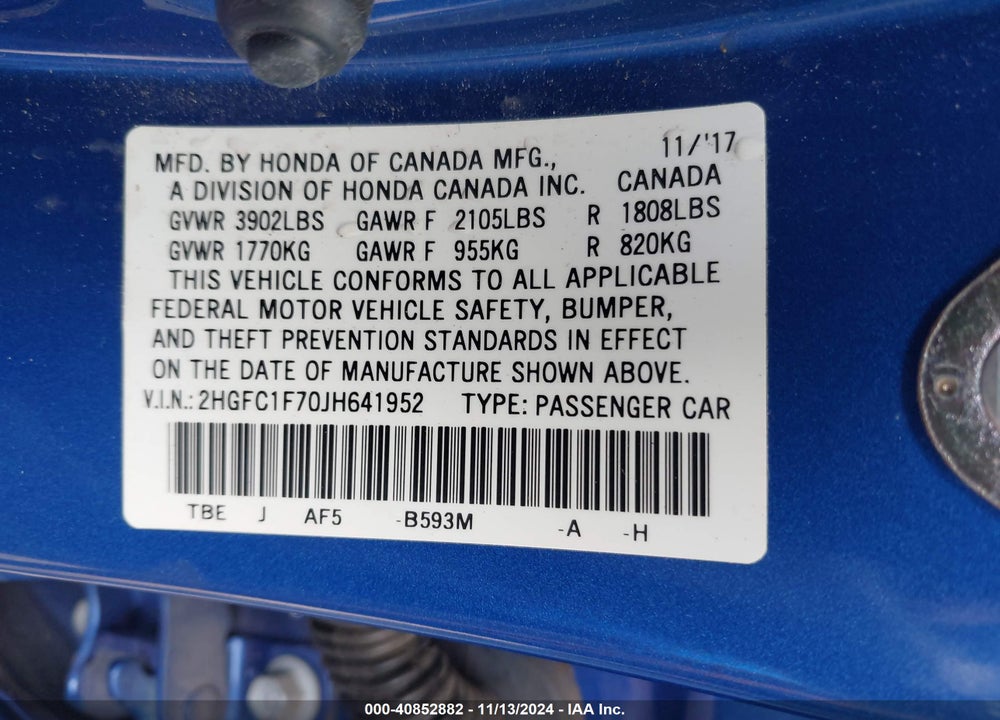 2018 HONDA CIVIC EX-L VIN: 2HGFC1F70JH641952