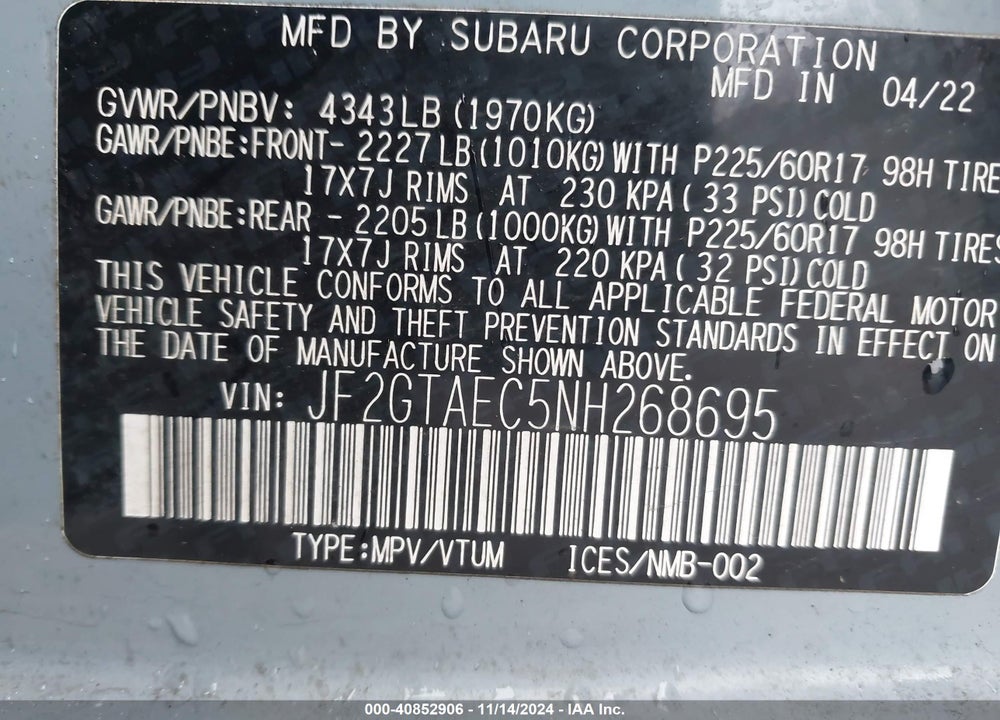 2022 SUBARU CROSSTREK PREMIUM VIN: JF2GTAEC5NH268695