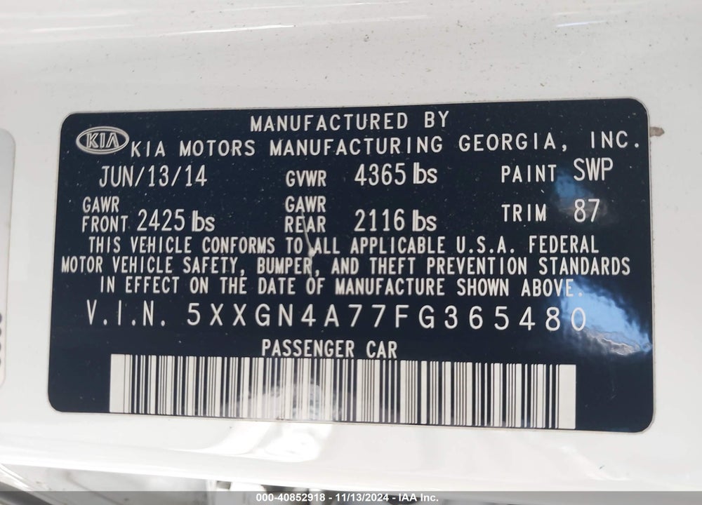 2015 KIA OPTIMA EX VIN: 5XXGN4A77FG365480