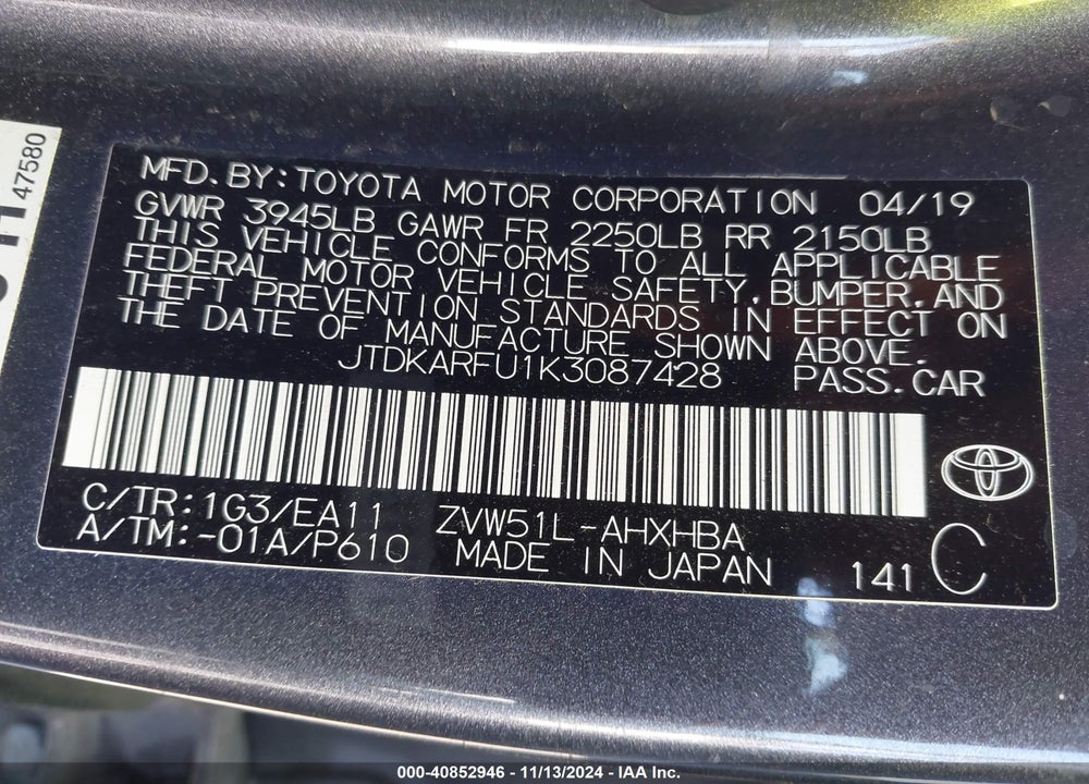 2019 TOYOTA PRIUS LIMITED VIN: JTDKARFU1K3087428