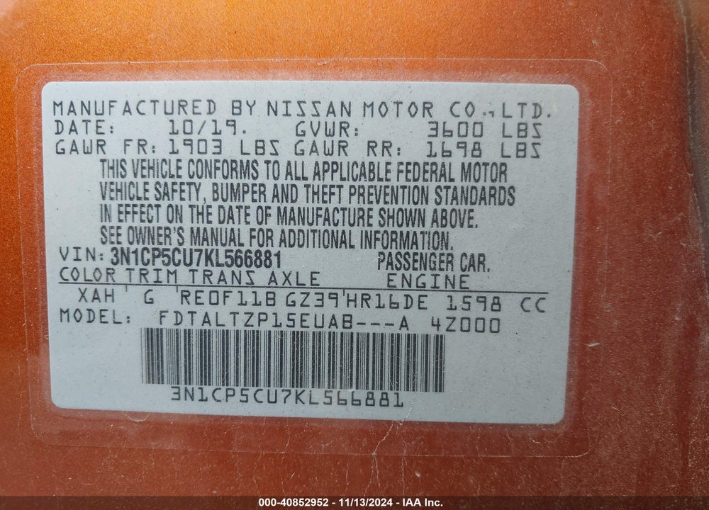 2019 NISSAN KICKS SR VIN: 3N1CP5CU7KL566881