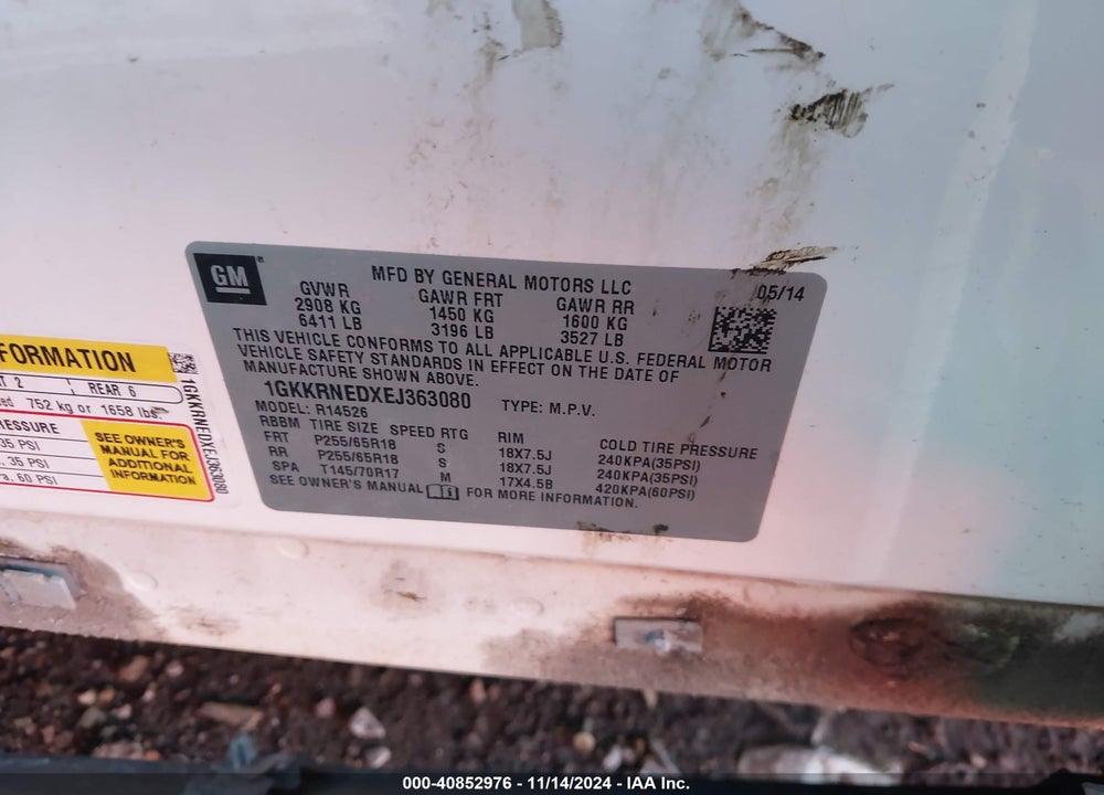 2014 CADI GMC AA SLE-1 VIN: 1GKKRNEDXEJ363080
