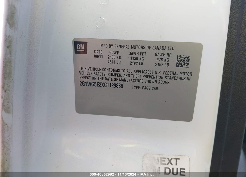 2012 CHEVROLET IMPALA LT VIN: 2G1WG5E3XC1129838