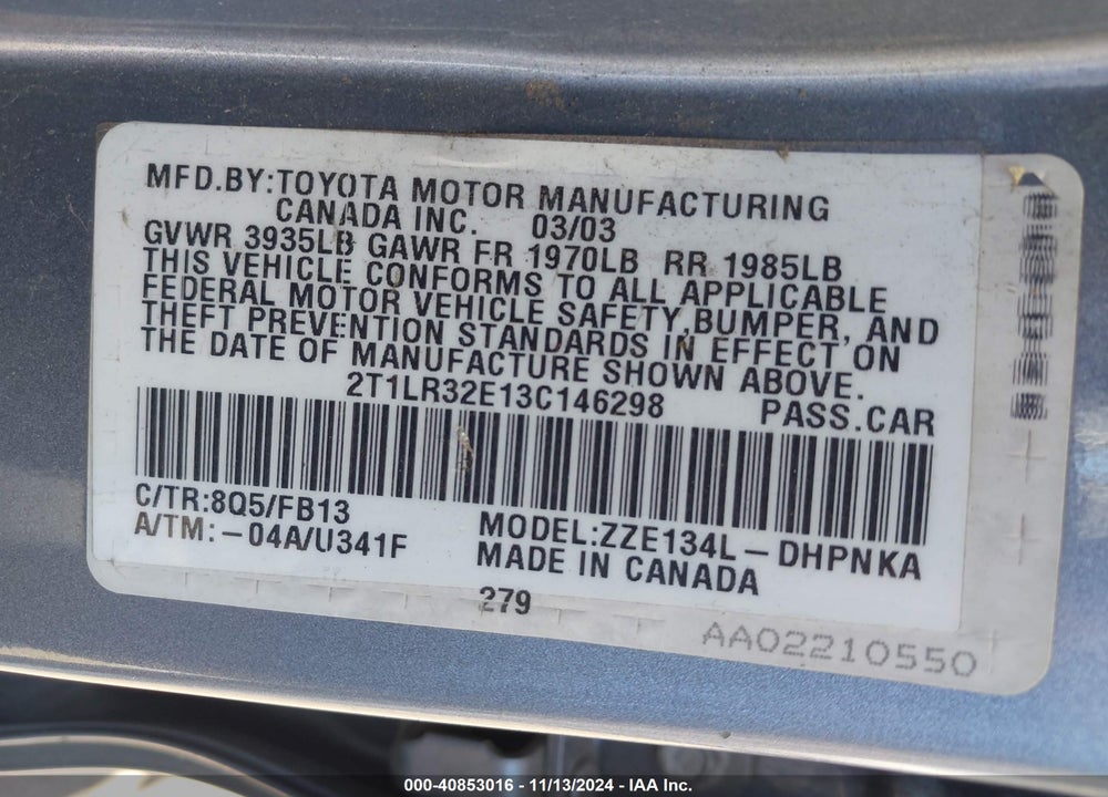 2003 TOYOTA MATRIX/XR VIN: 2T1LR32E13C146298