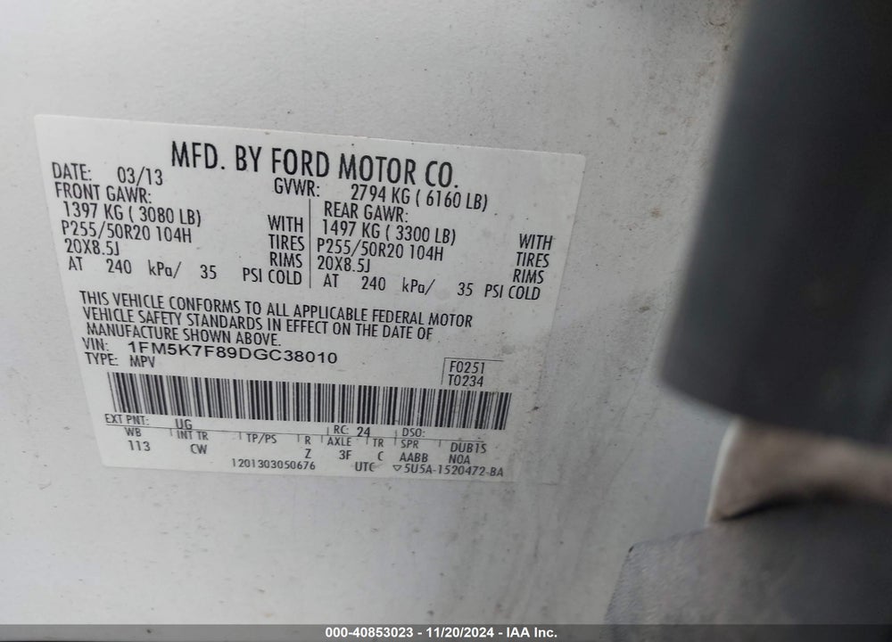 2013 FORD EXPLORER LIMITED VIN: 1FM5K7F89DGC38010