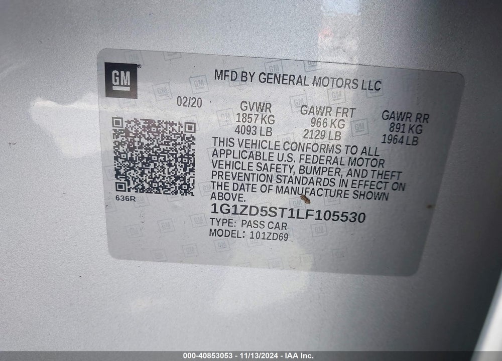 2020 CHEVROLET MALIBU FWD LT VIN: 1G1ZD5ST1LF105530