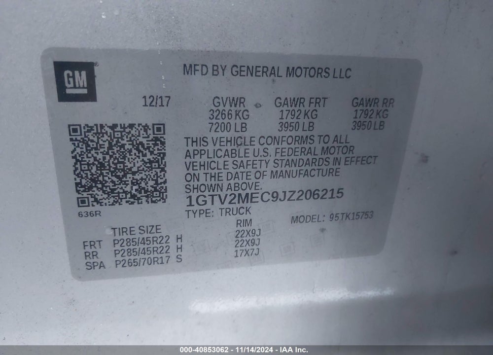 2018 GMC SIERRA 1500 VIN: 1GTV2MEC9JZ206215