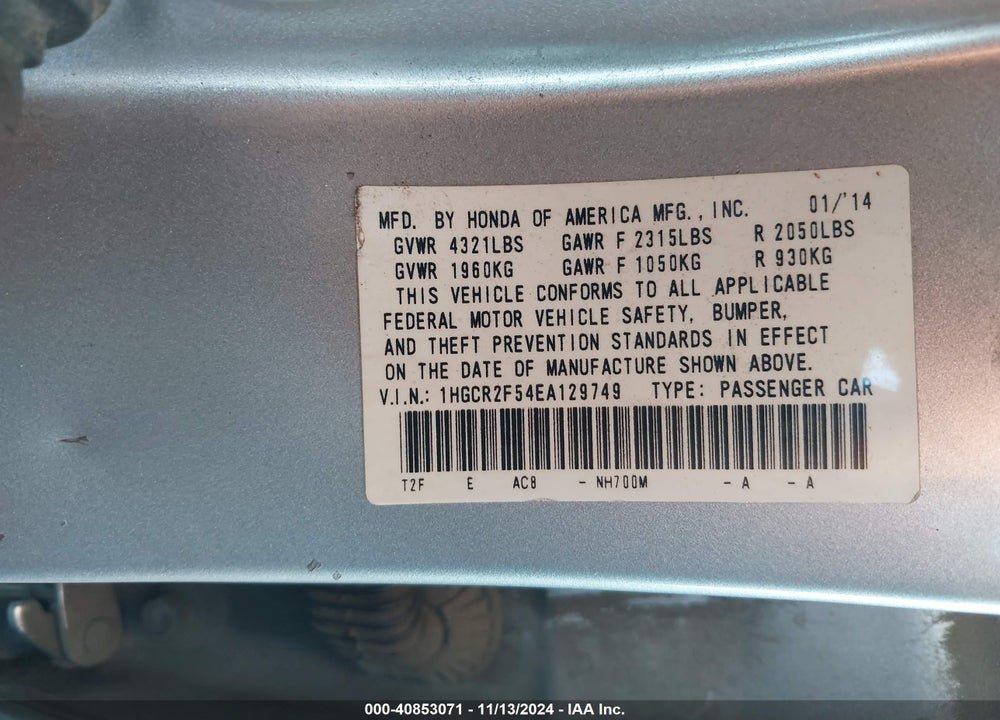2014 HONDA ACCORD VIN: 1HGCR2F54EA129749
