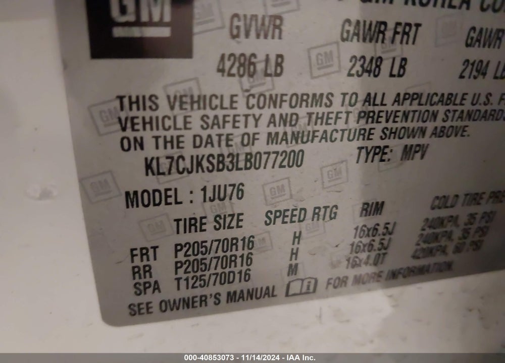 2020 CHEVROLET TRAX FWD LS VIN: KL7CJKSB3LB077200