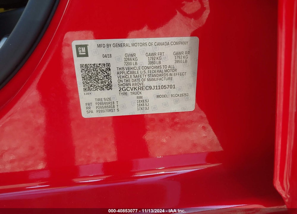2018 CHEVROLET SILVERADO 1500 2LT VIN: 2GCVKREC9J1105701