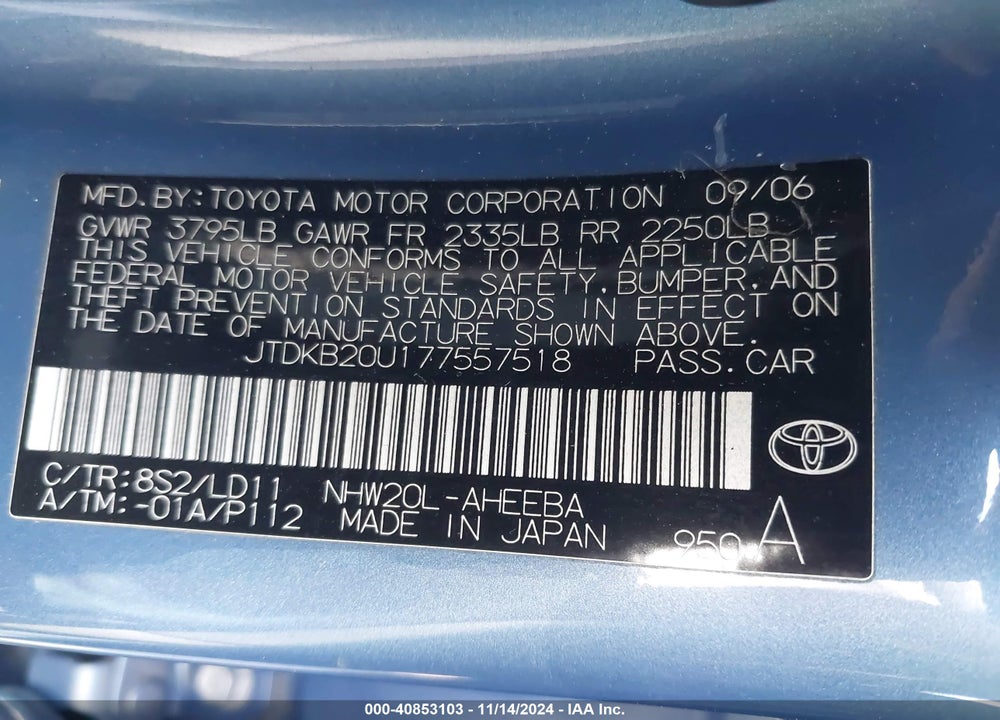 2007 TOYOTA PRIUS VIN: JTDKB20U177557518