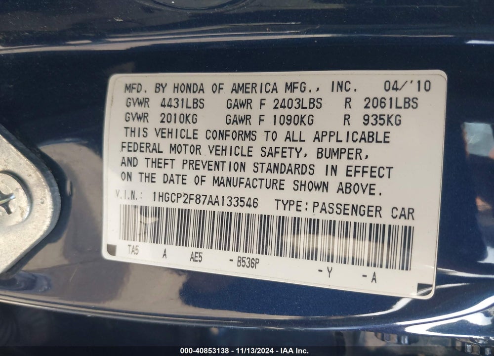 2010 HONDA ACCORD 2.4 EX-L VIN: 1HGCP2F87AA133546