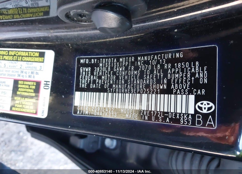 2014 TOYOTA COROLLA L/LE/LE PLS/PRM/S/S PLS VIN: 5YFBURHE9EP025221