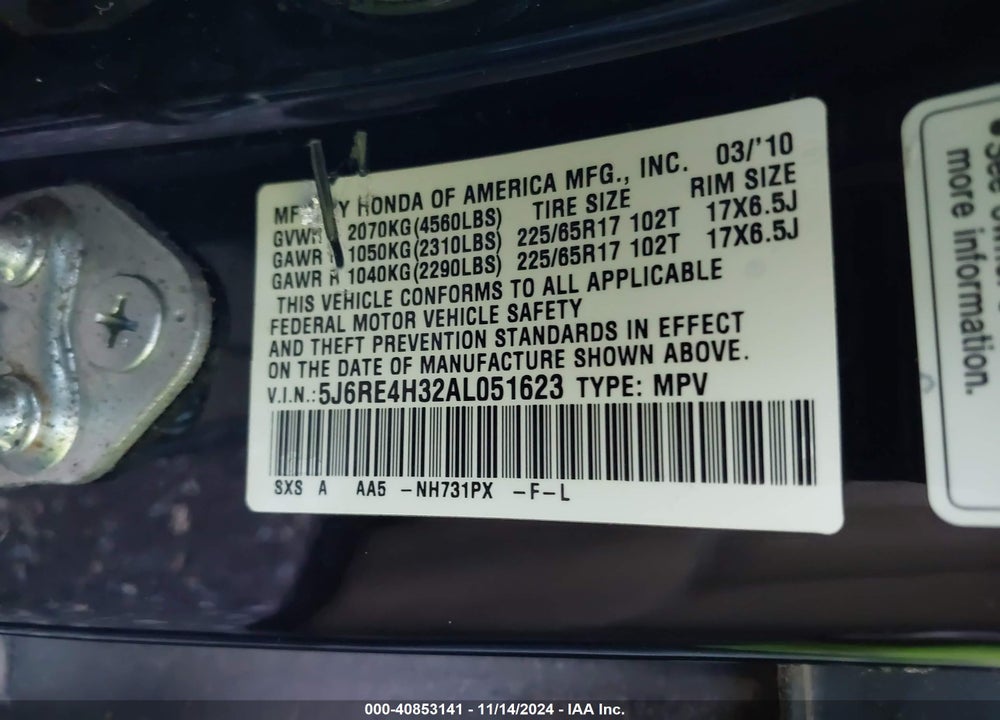 2010 HONDA CR-V LX VIN: 5J6RE4H32AL051623
