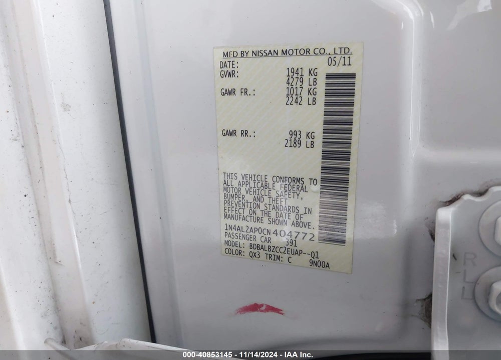 2012 NISSAN ALTIMA 2.5 S VIN: 1N4AL2AP0CN404772