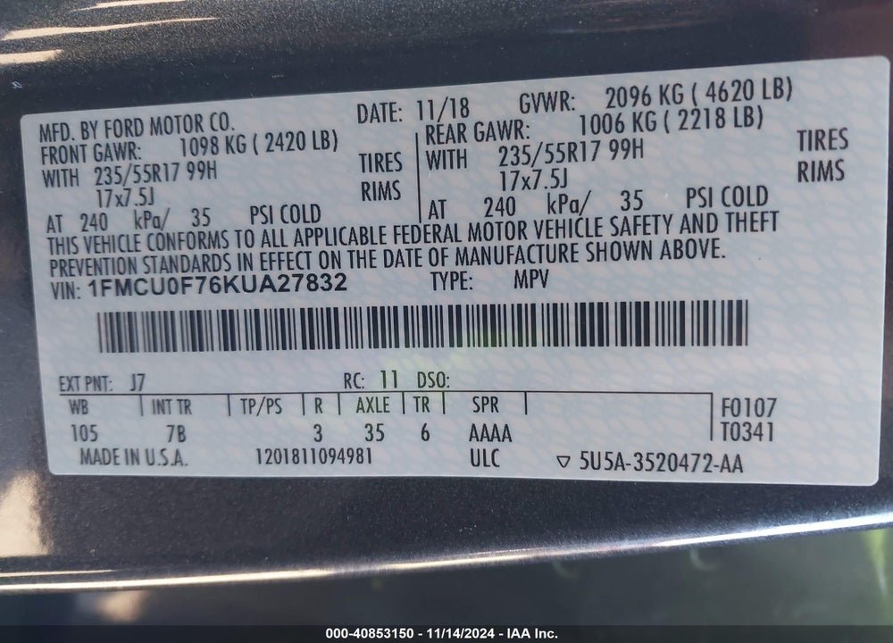 2019 FORD ESCAPE VIN: 1FMCU0F76KUA27832