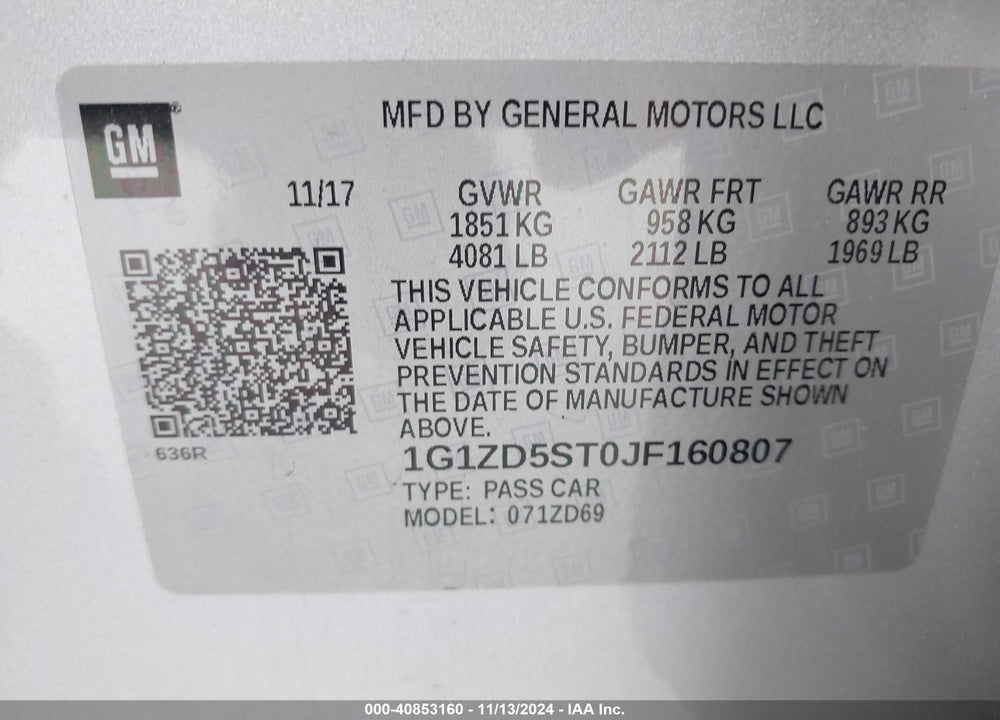 2018 CHEVROLET MALIBU LT VIN: 1G1ZD5ST0JF160807