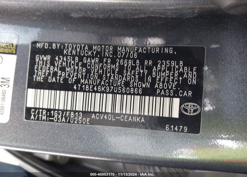 2007 TOYOTA CAMRY LE VIN: 4T1BE46K97U560866