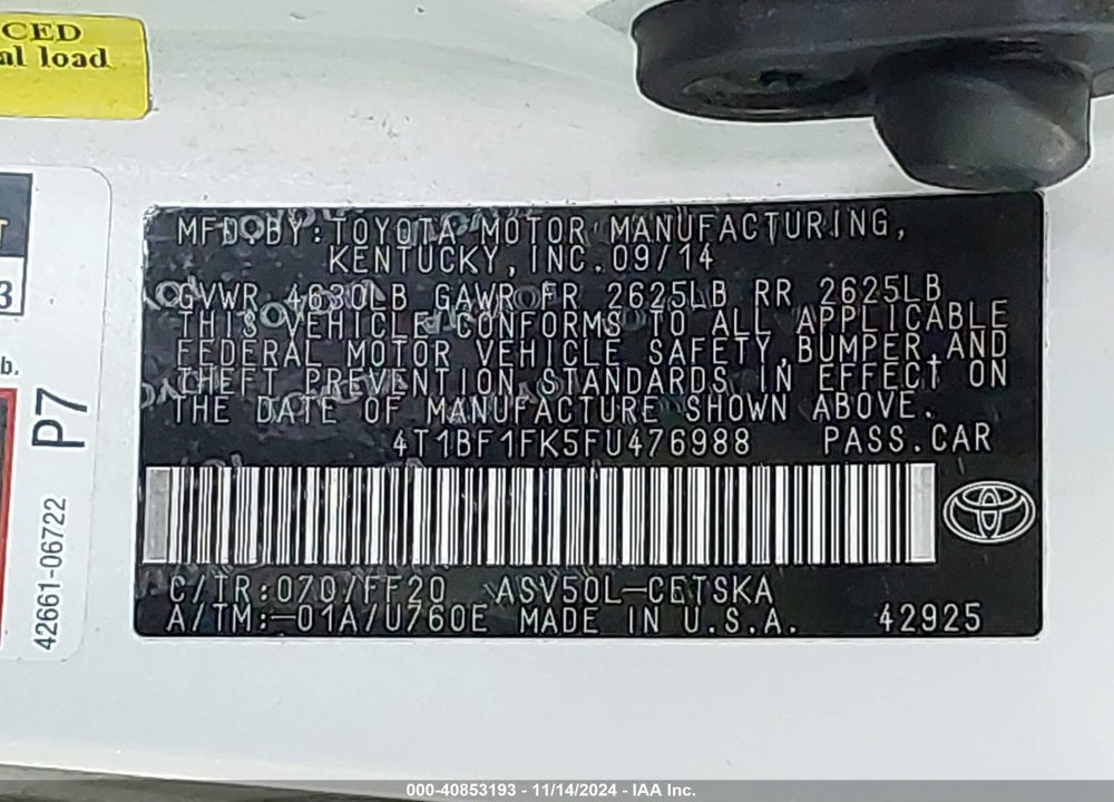 2015 TOYOTA CAMRY SE VIN: 4T1BF1FK5FU476988