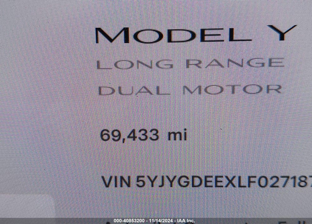 2020 TESLA MODEL Y LONG RANGE DUAL MOTOR ALL-WHEEL DRIVE VIN: 5YJYGDEEXLF027187