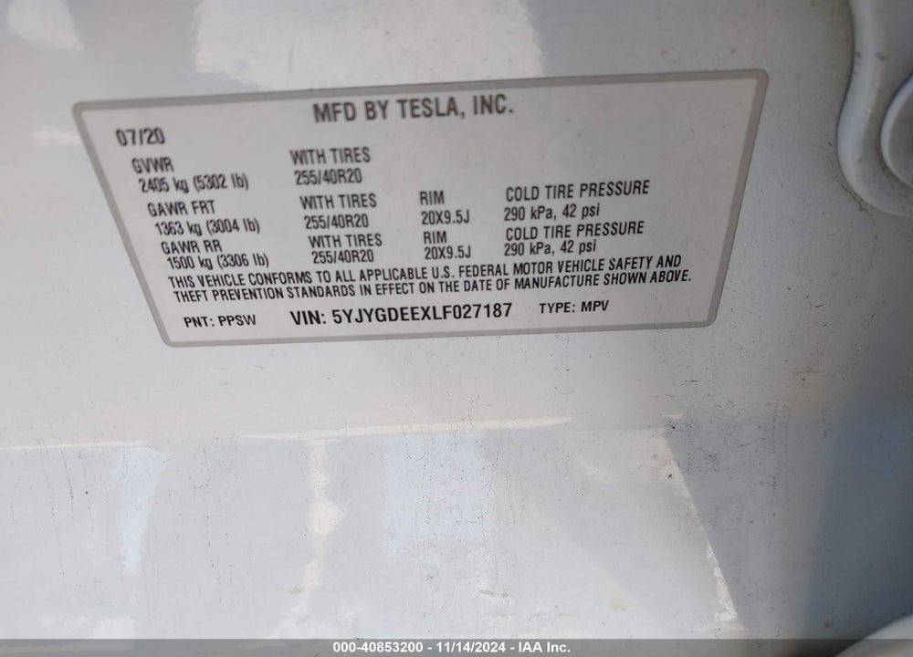 2020 TESLA MODEL Y LONG RANGE DUAL MOTOR ALL-WHEEL DRIVE VIN: 5YJYGDEEXLF027187