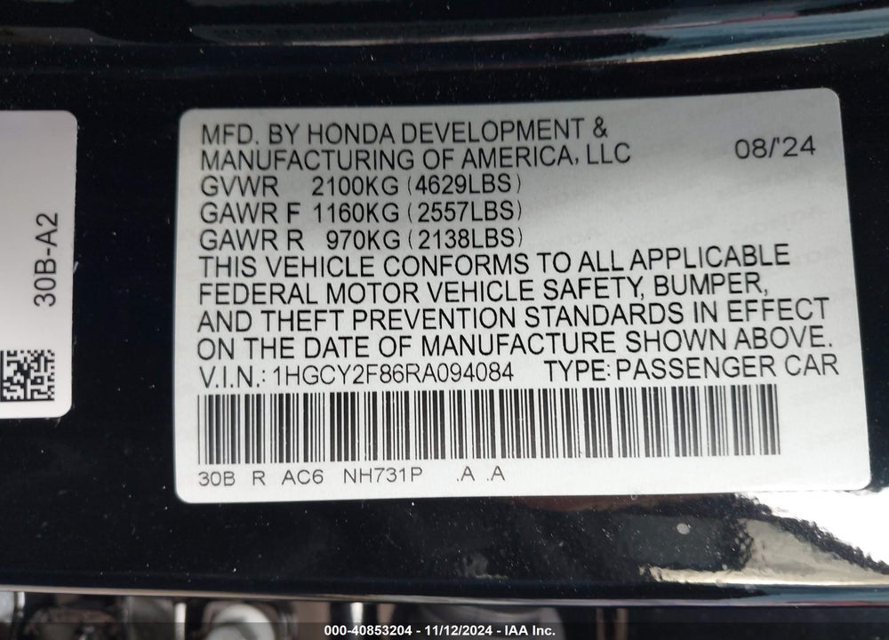 2024 HONDA ACCORD VIN: 1HGCY2F86RA094084