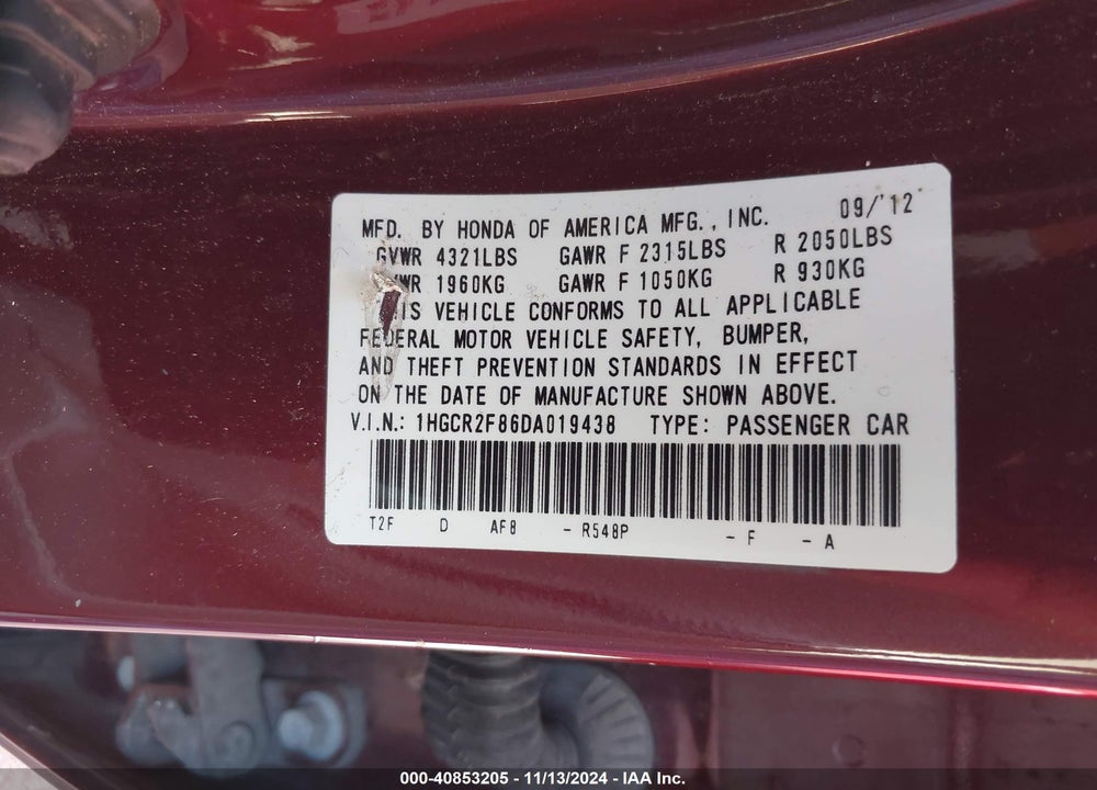 2013 HONDA ACCORD EX-L VIN: 1HGCR2F86DA019438