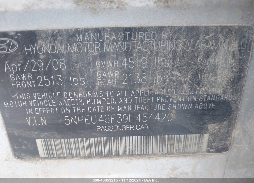 2009 HYUNDAI SONATA SE V6 VIN: 5NPEU46F39H454420