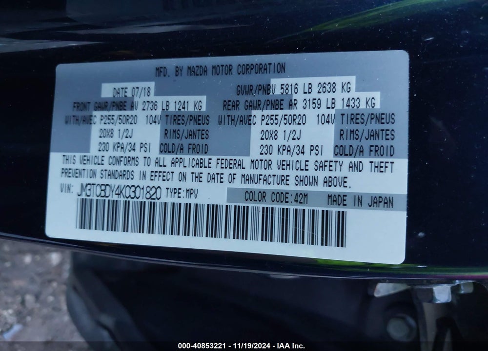 2019 MAZDA CX-9 GRAND TOURING VIN: JM3TCBDY4K0301820