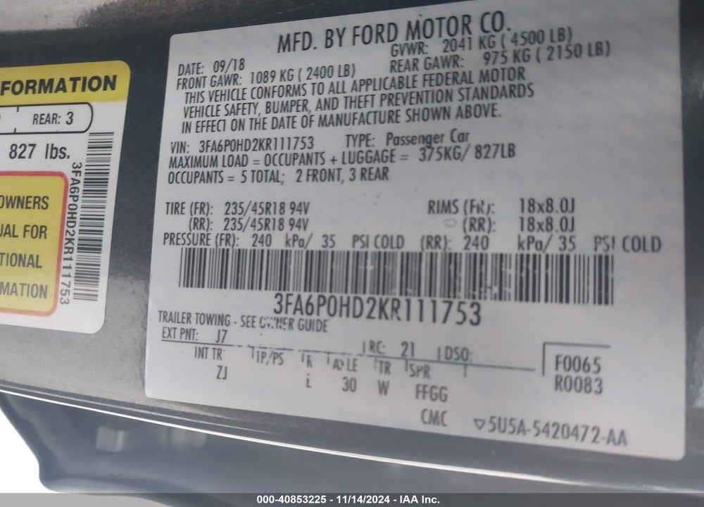 2019 FORD FUSION SE VIN: 3FA6P0HD2KR111753