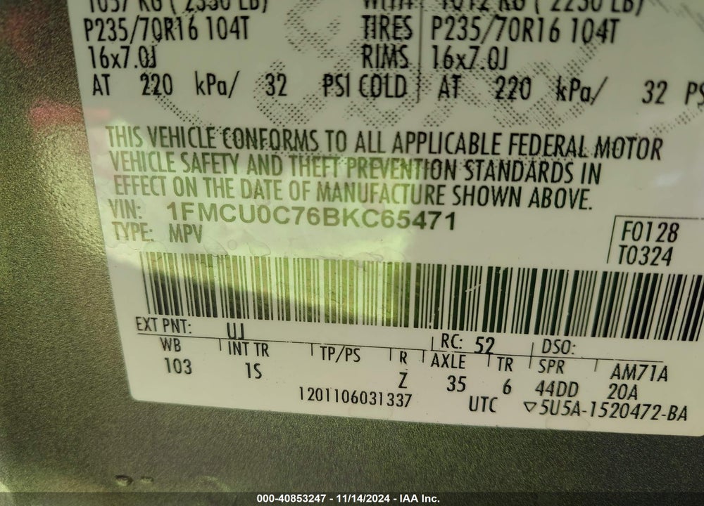 2011 FORD ESCAPE XLS VIN: 1FMCU0C76BKC65471