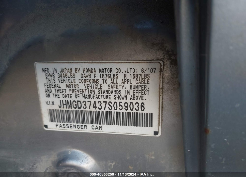2007 HONDA FIT VIN: JHMGD37437S059036